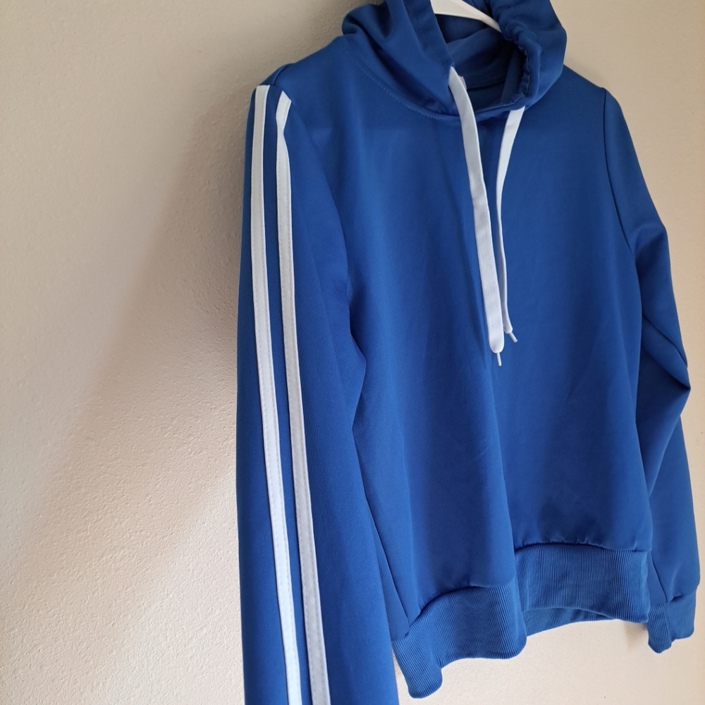 AQ Sport Women's Pullover Hoodie Sweatshirt Blue White Arm Stripes Gym Sporty S - Picture 11 of 12